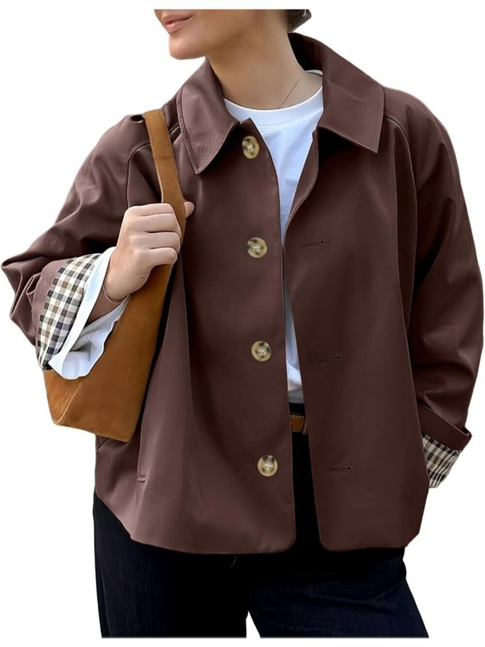 Women Brown Cropped Single Breasted Button Front Plaid Cuff Lining Trench Coat